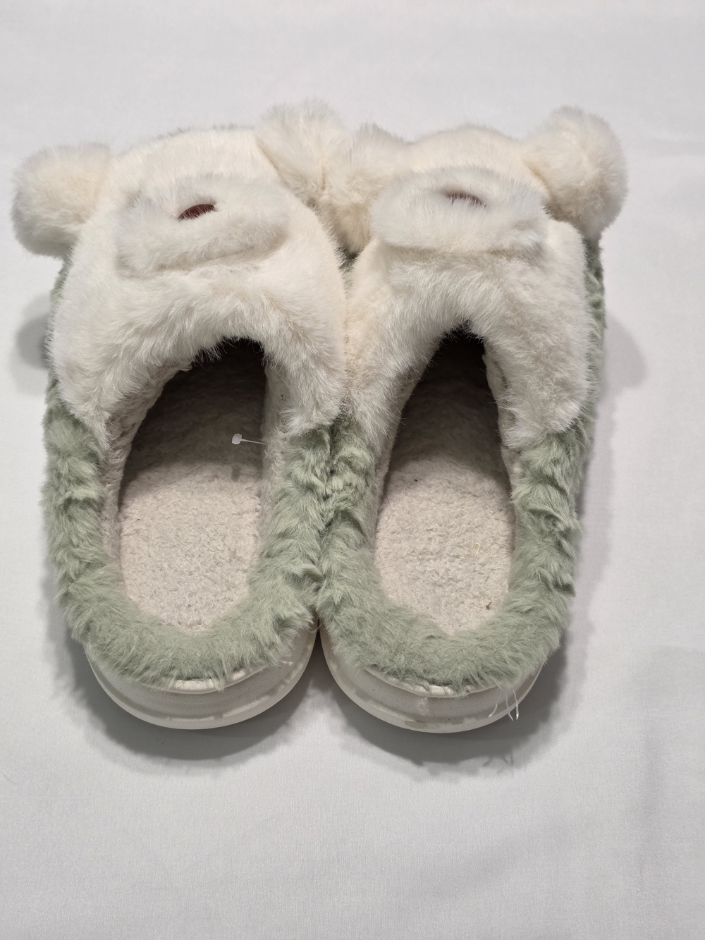 Sage Green and White Fuzzy Bear Plush Slippers House Shoes